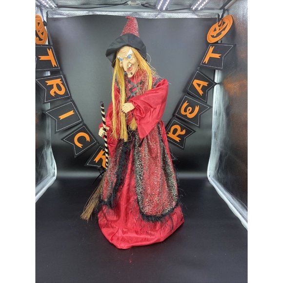 Halloween Witch Doll  Broom Hat Black & Orange 24 Inch Tall Tested & Working - Picture 1 of 7